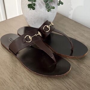 Gucci Dark Brown Leather Sandals with Gold Hardware